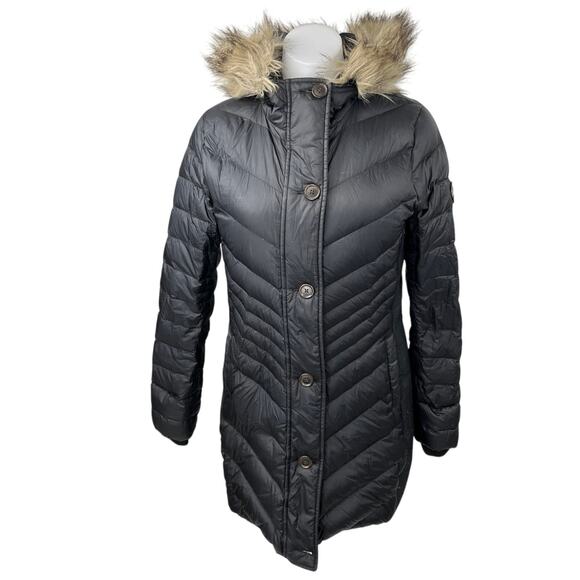 Abercrombie & Fitch Women's Black Fur Hooded Button Parka Puffer Coat Jacket S - Picture 1 of 7